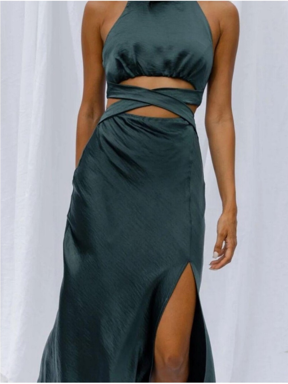 Selfie Leslie Satin Wrap Maxi halter dress